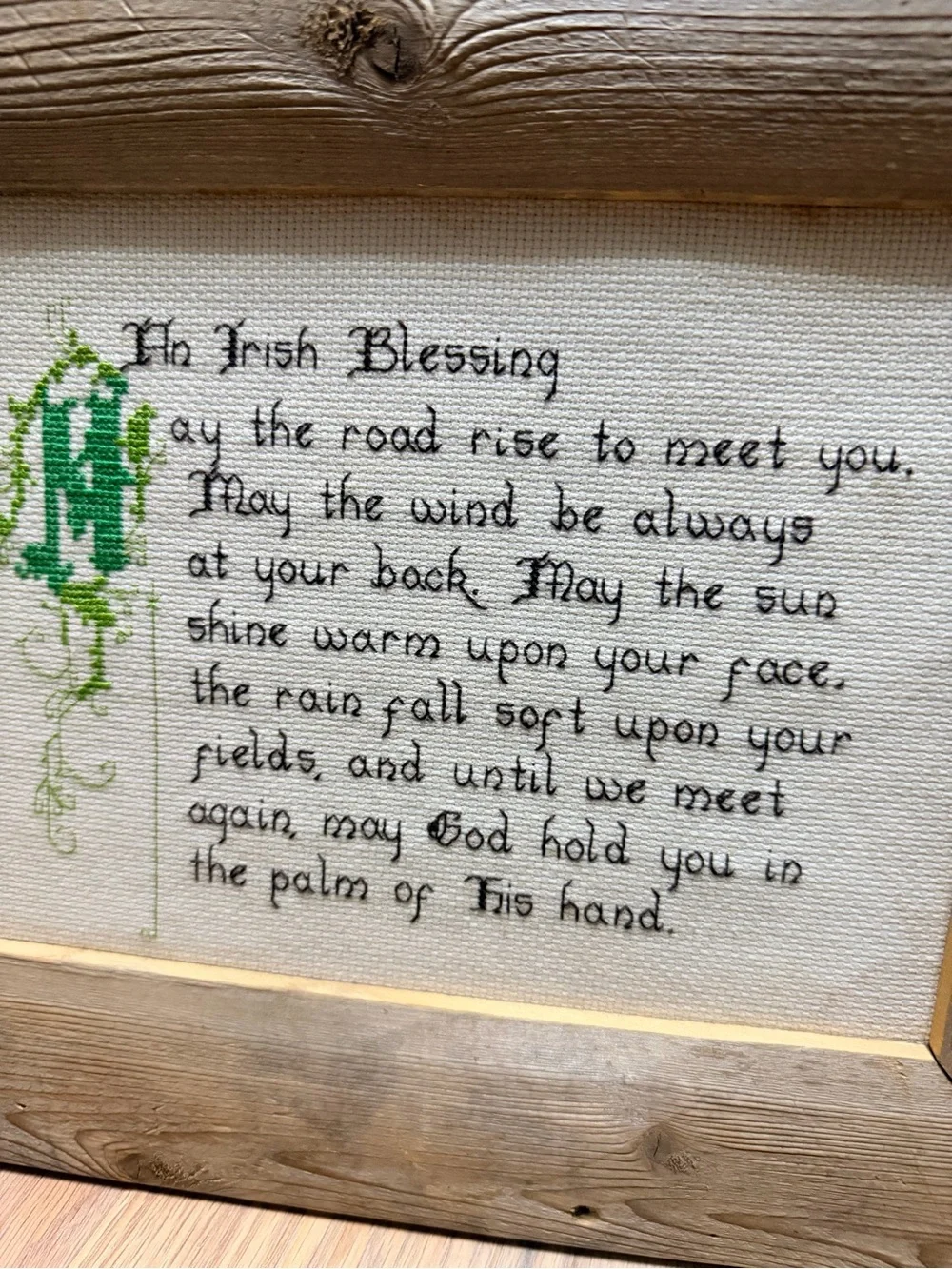 Hand-Embroidered Irish Blessing Cross Stitch Sampler in Rustic Wood Frame